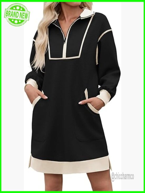 Dresses & Skirts - Oversized Half Zip Sweatshirt Dress Long Sleeve Mini Dress with Pockets